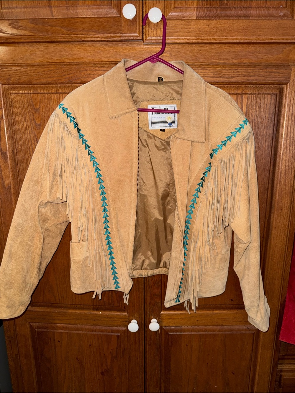 Fringed Suede Leather Jacket with Turquoise Trim - Women